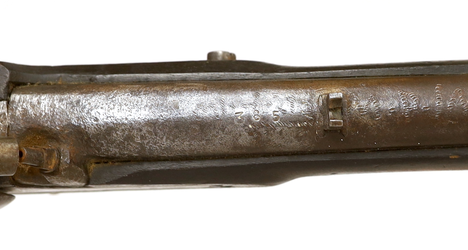 A Victorian percussion cap rifle (Tower Carbine), lock stamped 1859 TOWER and VR cypher, two barrel bands and compartment in stock, barrel 74cm
